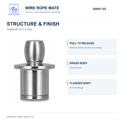 Brass Pull-to-Release Cable Gripper for 1.0-1.5 mm Wire Rope with Chrome Finish