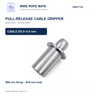 Brass Pull-to-Release Cable Gripper for 3.0-4.0 mm Wire Rope with Chrome Finish