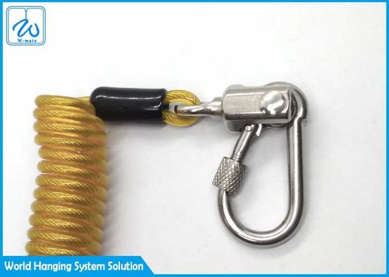 Yellow Wire Coil Lanyard With Locking Screwgate Carabiner For Stop Drop Tools